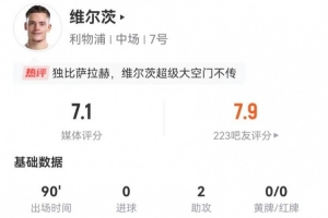 維爾茨全場貢獻2次助攻與4次關鍵傳球，但丟失15次球權且8次對抗僅2次成功，最終獲評7.1分。